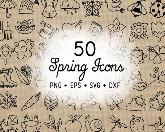 50 Spring Icons STAMP Bundle - EPS, SVG, DXF, PNG Clipart - Instant Download