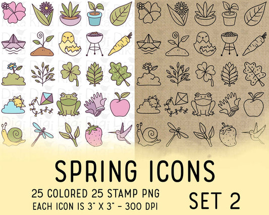 50 Spring Icons PNG Set 2 – Color & Stamp Variations