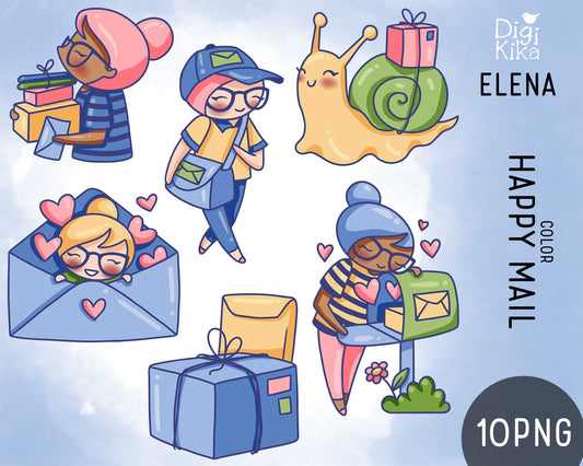 Planner Girl Elena Happy Mail II – COLOR Clipart – Digital Graphics – Planner Stickers, Scrapbook, Journal, Invitations, Crafts