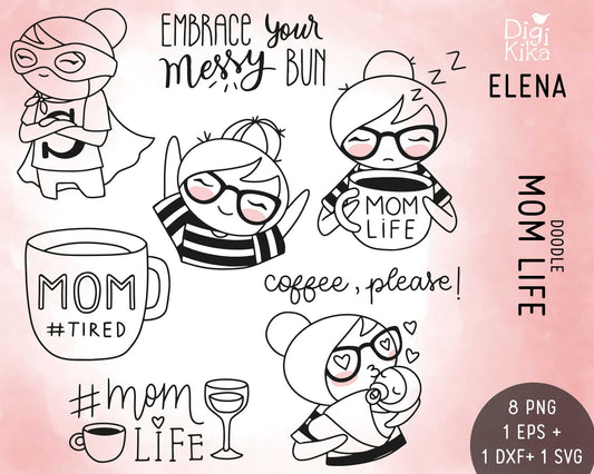 Planner Girl Elena Mom Life – DOODLE Clipart – Digital Stamp – Planner Stickers, Scrapbook, Journal, Invitations, Paper Crafts