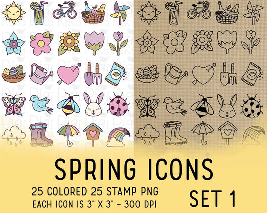 50 Spring Icons PNG Set 1 – Color & Stamp Variations