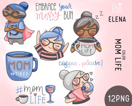 Elena Planner Girl - Mom Life COLOR Clipart - Planner Stickers, scrapbook , card design, invitations, paper crafts, INSTANT DOWNLOAD