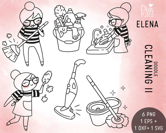 Planner Girl Elena Cleaning II – DOODLE Clipart – Digital Stamp for Stickers, Scrapbook & Crafts