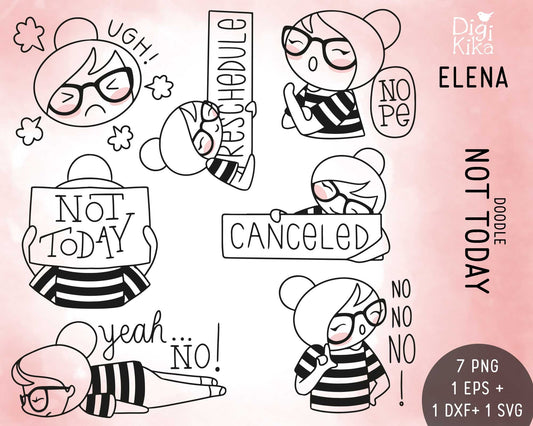 Not Today Stamp Clipart Set - Elena Planner Girl - Instant Download PNG