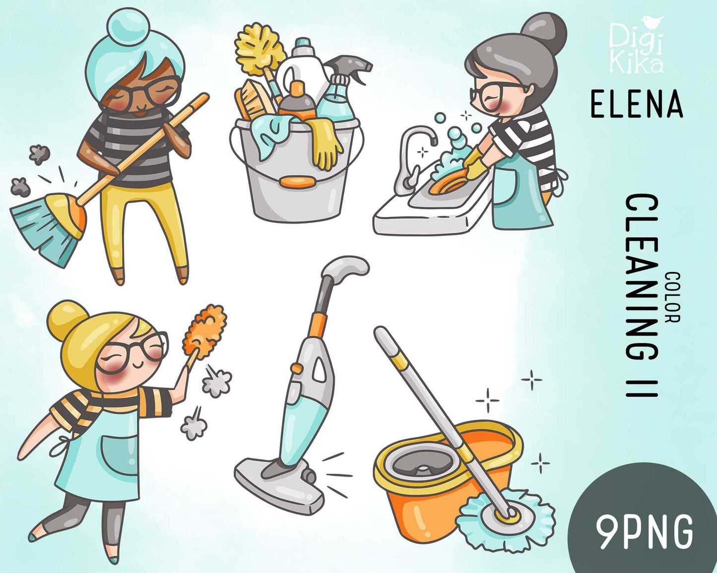 Planner Girl Elena Cleaning II – COLOR Clipart – Digital Art for Stickers, Scrapbook & Crafts