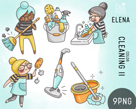 Planner Girl Elena Cleaning II – COLOR Clipart – Digital Art for Stickers, Scrapbook & Crafts