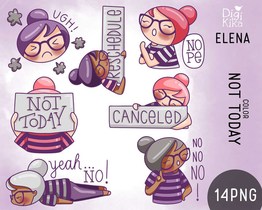 Not Today Color Clipart Set - Elena Planner Girl - Instant Download PNG