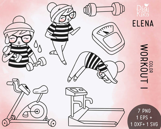 Planner Girl Elena – Workout Set 1 DOODLE Clipart – Fitness Digital Stamps – PNG, SVG, EPS – Small Commercial Use