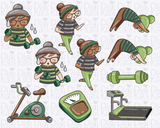 Planner Girl Elena – Workout Set 1 COLOR Clipart – Fitness Digital Stamps – PNG Small Commercial Use
