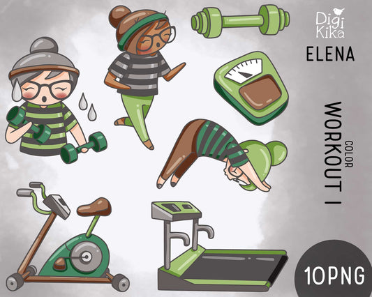 Planner Girl Elena – Workout Set 1 COLOR Clipart – Fitness Digital Stamps – PNG Small Commercial Use