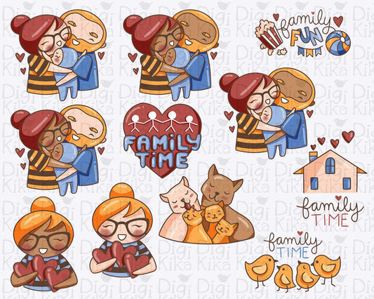 Planner Girl Elena – Family Time COLOR Clipart – Hugging, Hearts, Cat Family – PNG Small Commercial Use