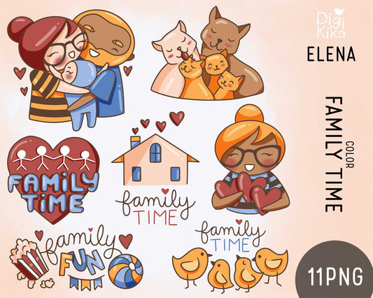 Planner Girl Elena – Family Time COLOR Clipart – Hugging, Hearts, Cat Family – PNG Small Commercial Use