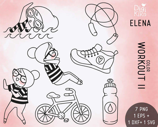 Planner Girl Elena – Workout Set 2 DOODLE Clipart – Swimming, Dance & Fitness Digital – PNG, SVG, EPS – Small Commercial Use