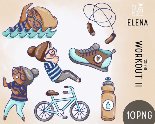 Planner Girl Elena – Workout Set 2 COLOR Clipart – Swimming, Dance & Fitness Digital – PNG Small Commercial Use