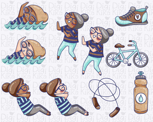 Planner Girl Elena – Workout Set 2 COLOR Clipart – Swimming, Dance & Fitness Digital – PNG Small Commercial Use