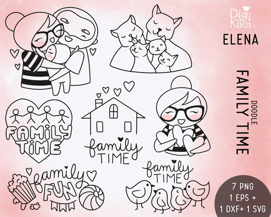 Planner Girl Elena – Family Time DOODLE Clipart – Hugging, Hearts, Cat Family – PNG, EPS, SVG – Small Commercial Use