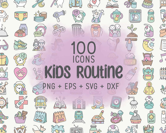 100 Kids Routine COLOR Icons Vector - School Icons Clipart - Mom digital sticker, Chores Graphics