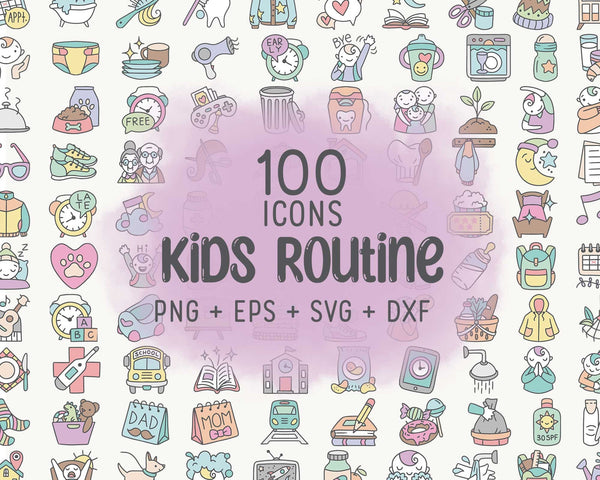 100 Kids Routine COLOR Icons Vector - School Icons Clipart - Mom digital sticker, Chores Graphics