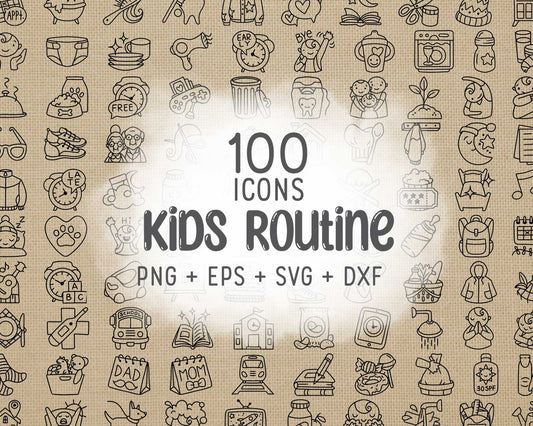 100 Kids Routine STAMP Icons Vector - School Icons Clipart - Mom digital sticker, Chores Graphics
