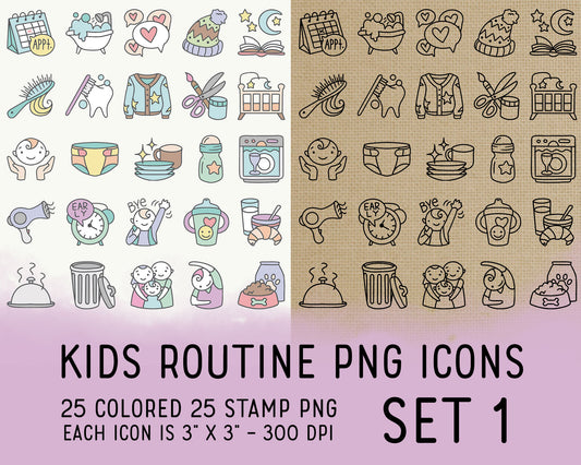 50 Kids Routine PNG Icons Set 1 - Mom Icons Clipart -  School Digital - Instant Download