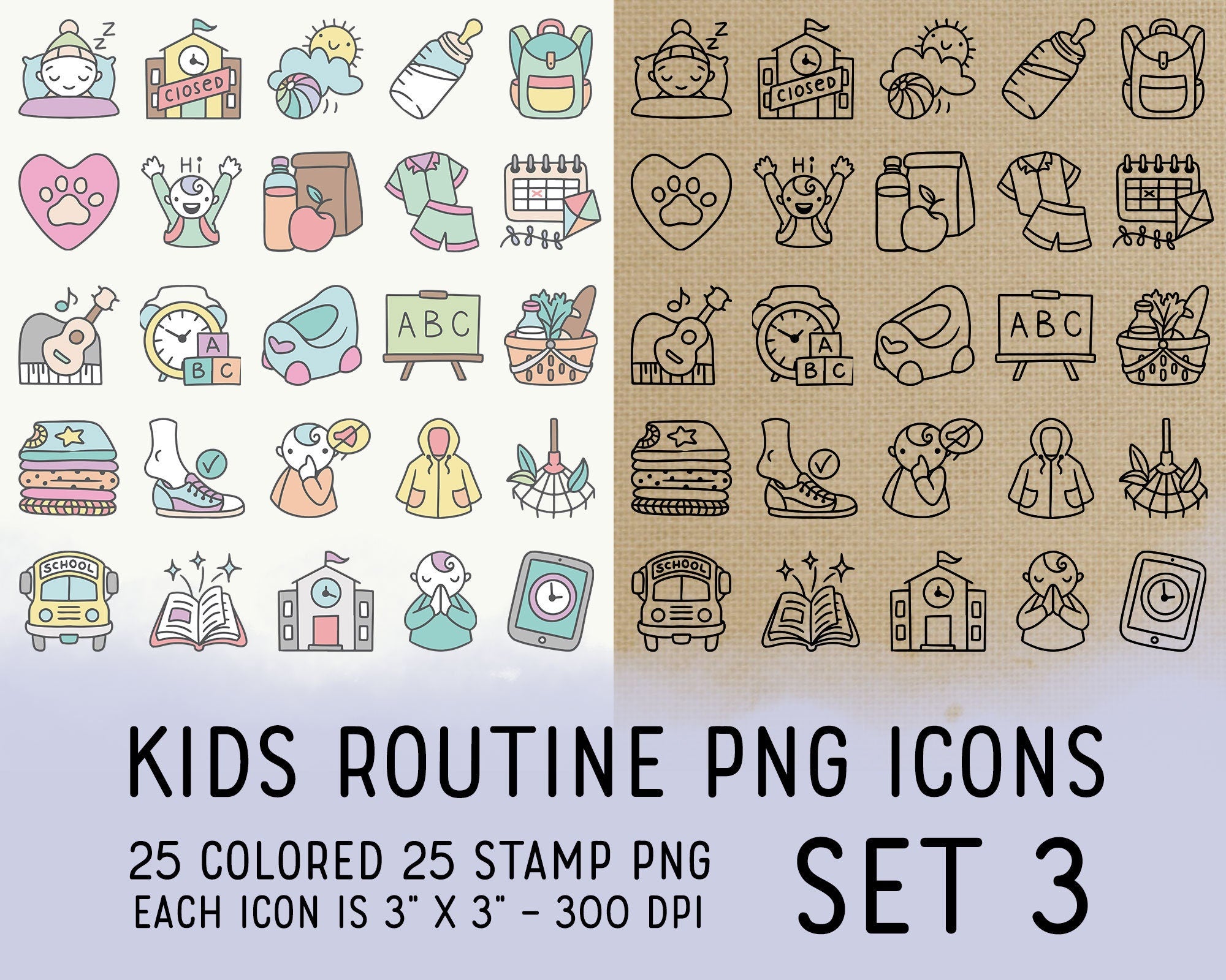 50 Kids Routine PNG Icons Set 3 - Mom Icons Clipart - School Digital ...