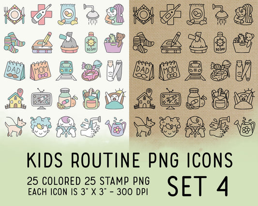 50 Kids Routine PNG Icons Set 4 - Mom Icons Clipart -  School Digital - Instant Download