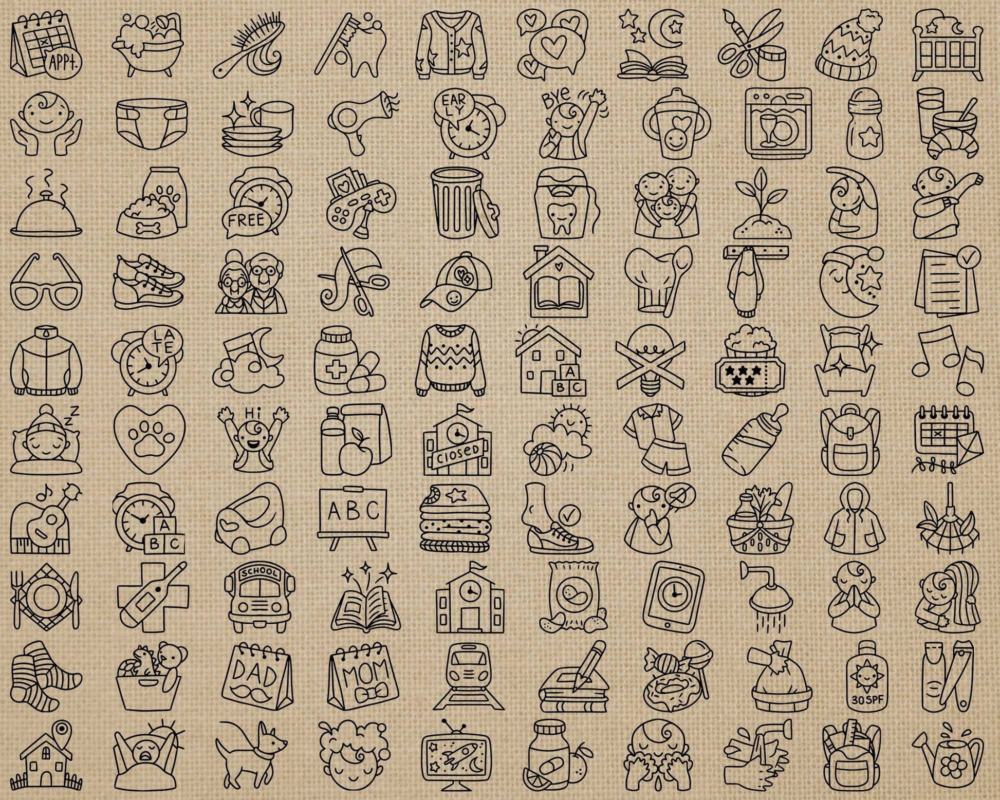 100 Kids Routine STAMP Icons Vector - School Icons Clipart - Mom digit ...