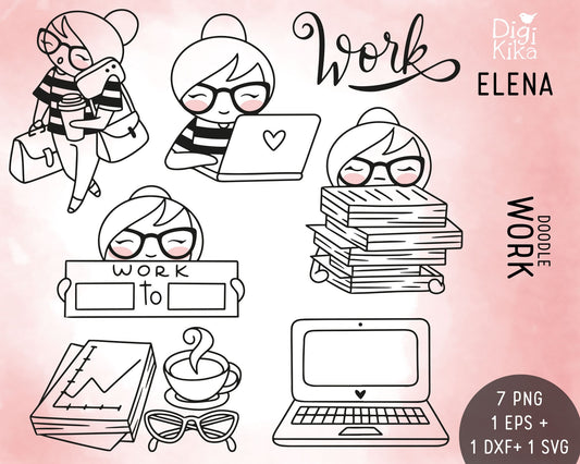 Work Stamp Clipart Set - Elena Planner Girl - EPS, SVG & DXF
