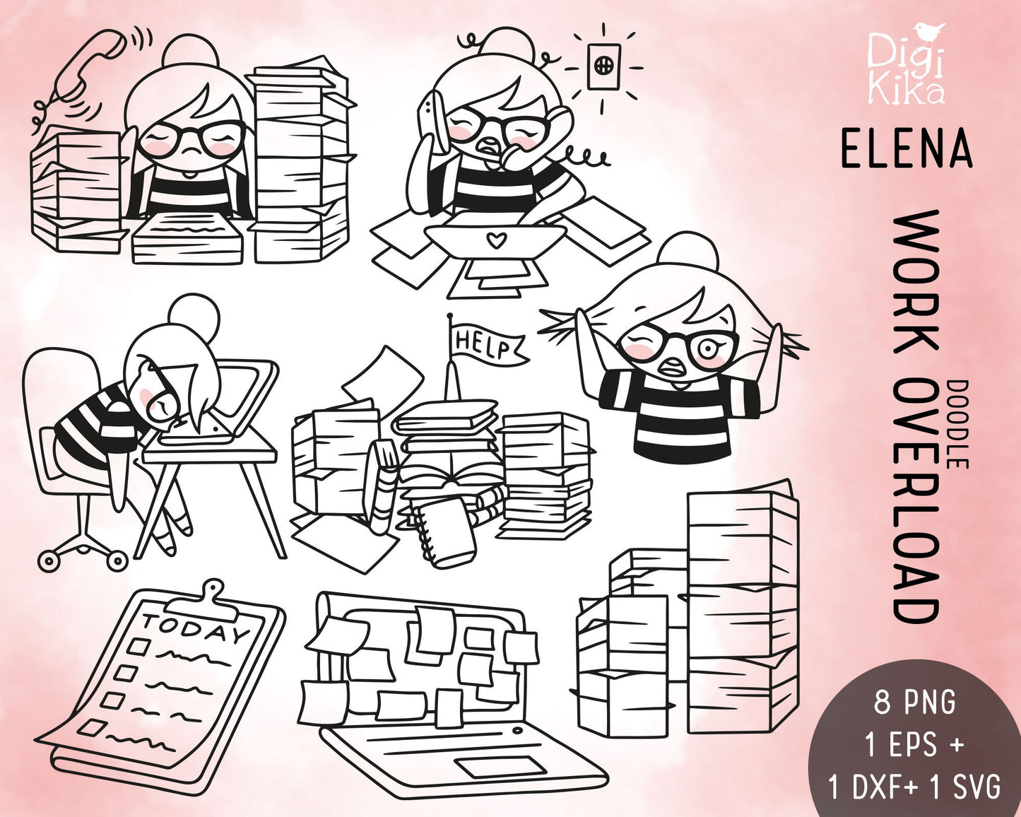Elena Planner Girl - Work Overload Clipart - Digital Stamp - Character Planner Stickers, scrapbook, invitation, crafts, planner clipart