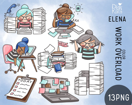 Elena Planner Girl - Work Overload Clipart - Digital Color Character Planner Stickers, scrapbook, invitation, crafts, planner clipart