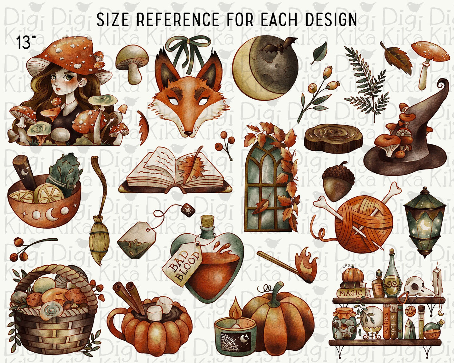 Fall Witch Watercolor Clipart – Hand Painted Gothic Autumn Graphics