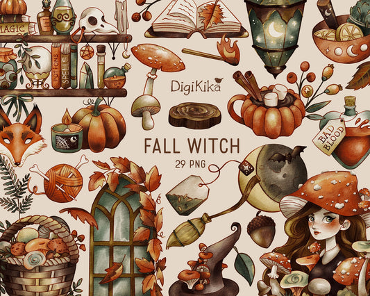 Fall Witch Watercolor Clipart – Hand Painted Gothic Autumn Graphics