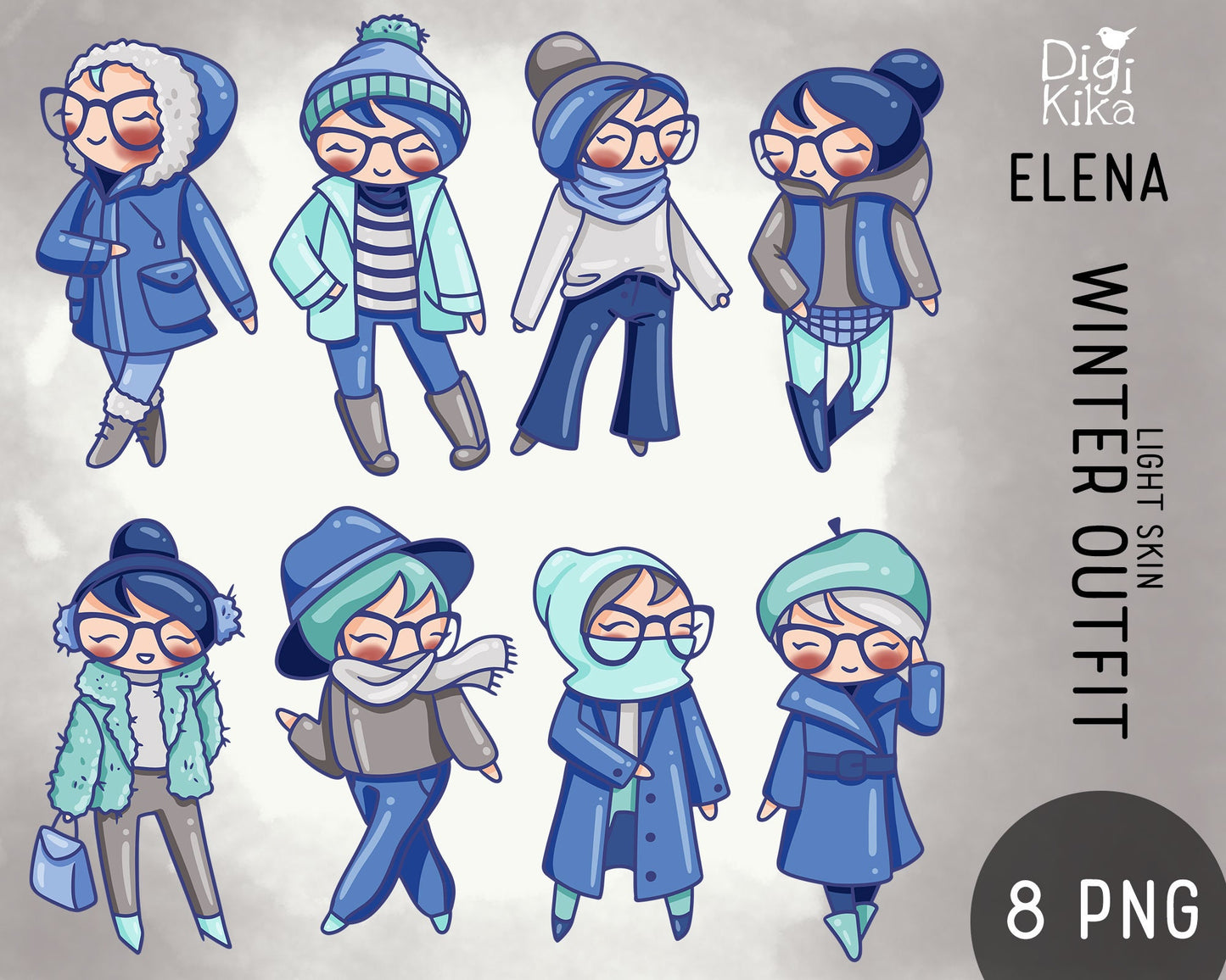 Elena Planner Girl - Winter Outfits Clipart LIGHT  -  Fashion Digital Stamp - Character Planner Sticker, scrapbook, craft, planner clipart