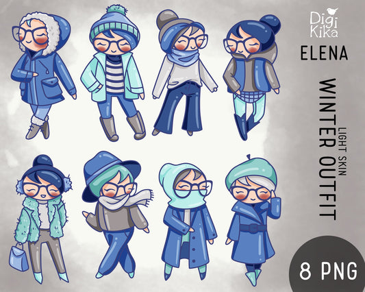 Elena Planner Girl - Winter Outfits Clipart LIGHT  -  Fashion Digital Stamp - Character Planner Sticker, scrapbook, craft, planner clipart