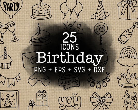 25 Birthday DOODLE Icons Clipart - Celebration PNG, EPS, SVG & DXF - Instant Download