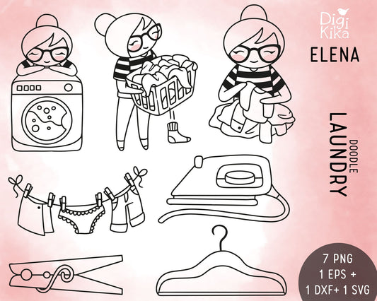 Laundry Stamp Clipart Set - Elena Planner Girl - EPS, SVG & DXF