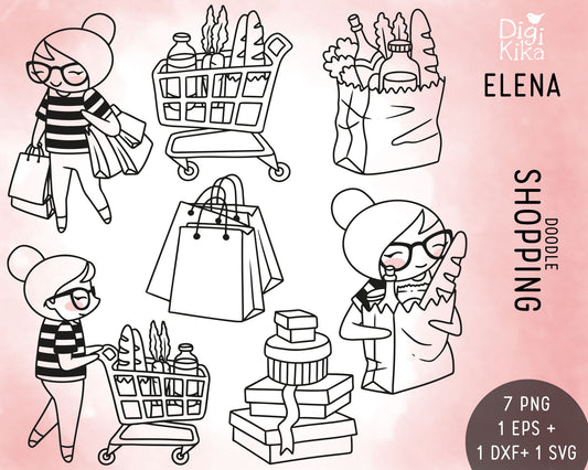 Shopping Stamp Clipart Set - Elena Planner Girl - EPS, SVG & DXF