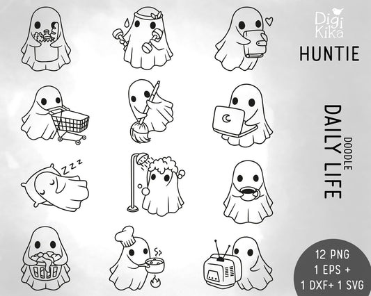 HAUNTIE the Ghost Daily Life Clipart Set 1 – Doodle Graphics – Digital Stamps SVG, EPS, DXF & PNG