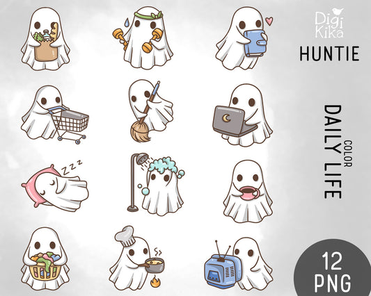 HAUNTIE the Ghost Daily Life Clipart Set 1 – Color Graphics – Digital Transparent PNG
