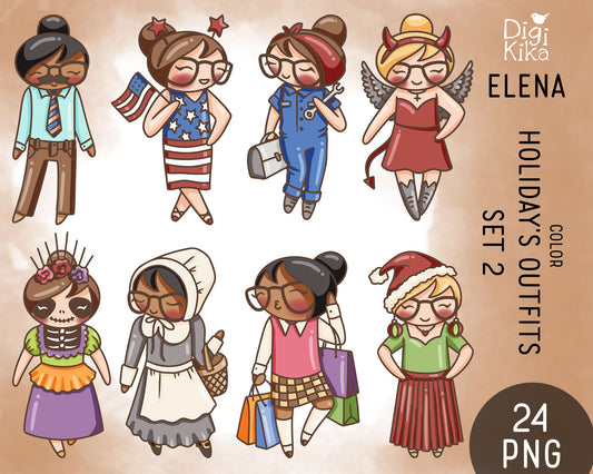 Elena Planner Girl - Holidays Outfits COLOR Clipart SET 2 -  Fashion Digital Stamp - Character Planner Sticker, scrapbook, craft, planner clipart