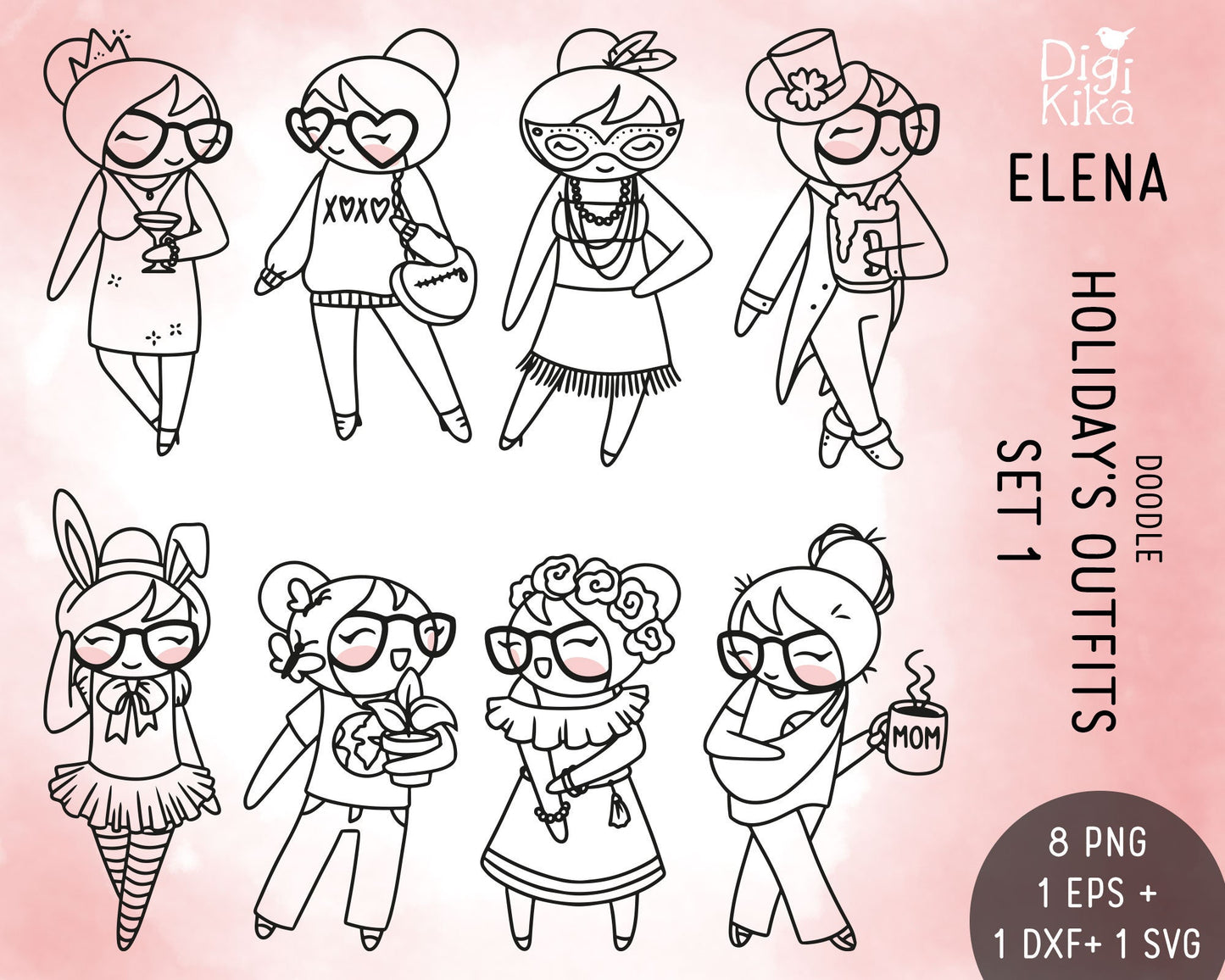 Elena Planner Girl - Holidays Outfits STAMP Clipart SET 1 -  Fashion Digital Stamp - Character Planner Sticker, scrapbook, craft, planner clipart