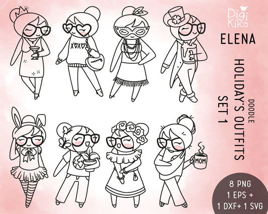 Elena Planner Girl - Holidays Outfits STAMP Clipart SET 1 -  Fashion Digital Stamp - Character Planner Sticker, scrapbook, craft, planner clipart