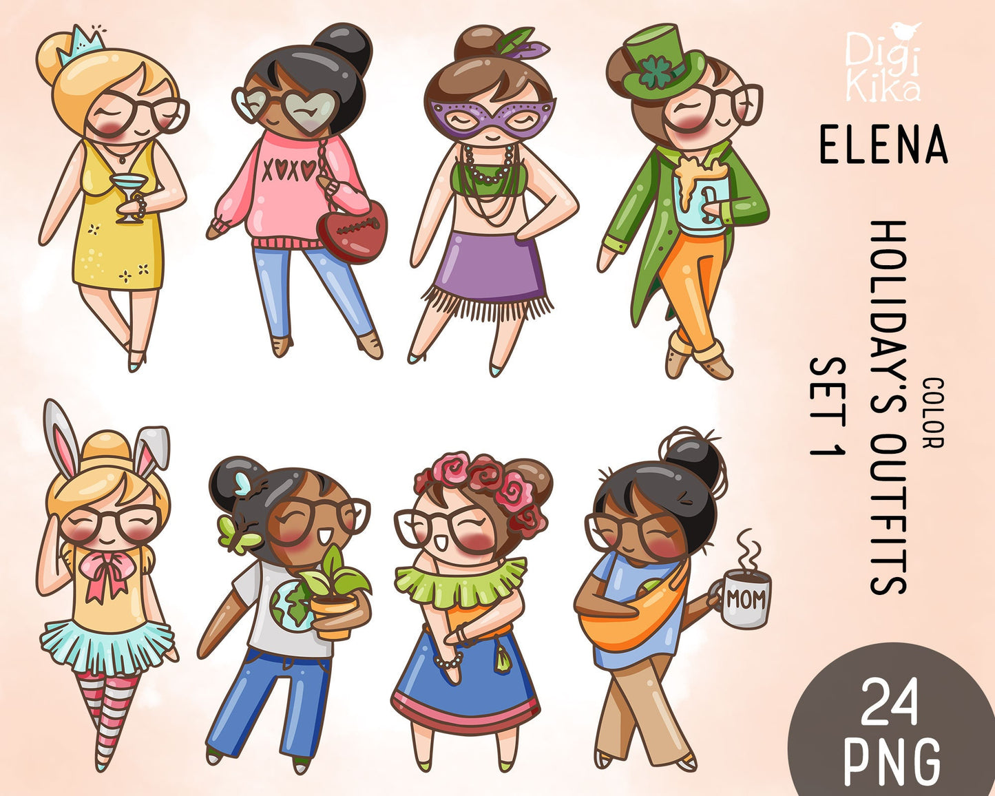 Elena Planner Girl - Holidays Outfits COLOR Clipart SET 1 -  Fashion Digital Stamp - Character Planner Sticker, scrapbook, craft, planner clipart