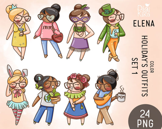 Elena Planner Girl - Holidays Outfits COLOR Clipart SET 1 -  Fashion Digital Stamp - Character Planner Sticker, scrapbook, craft, planner clipart