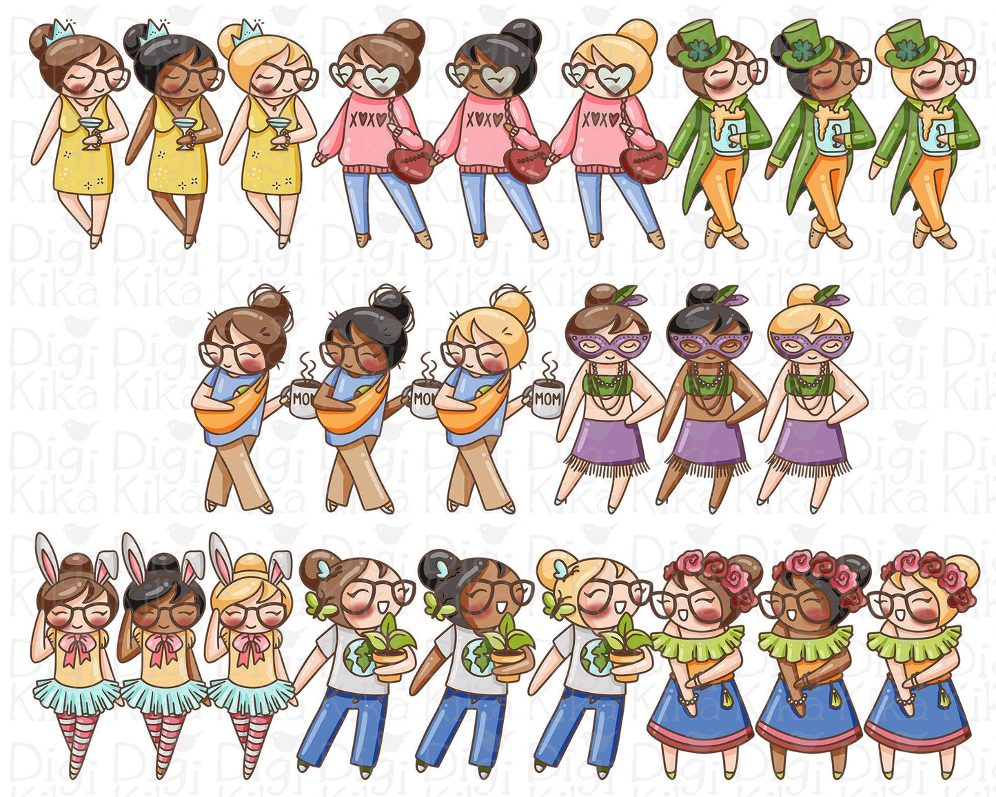 Elena Planner Girl - Holidays Outfits COLOR Clipart SET 1 -  Fashion Digital Stamp - Character Planner Sticker, scrapbook, craft, planner clipart