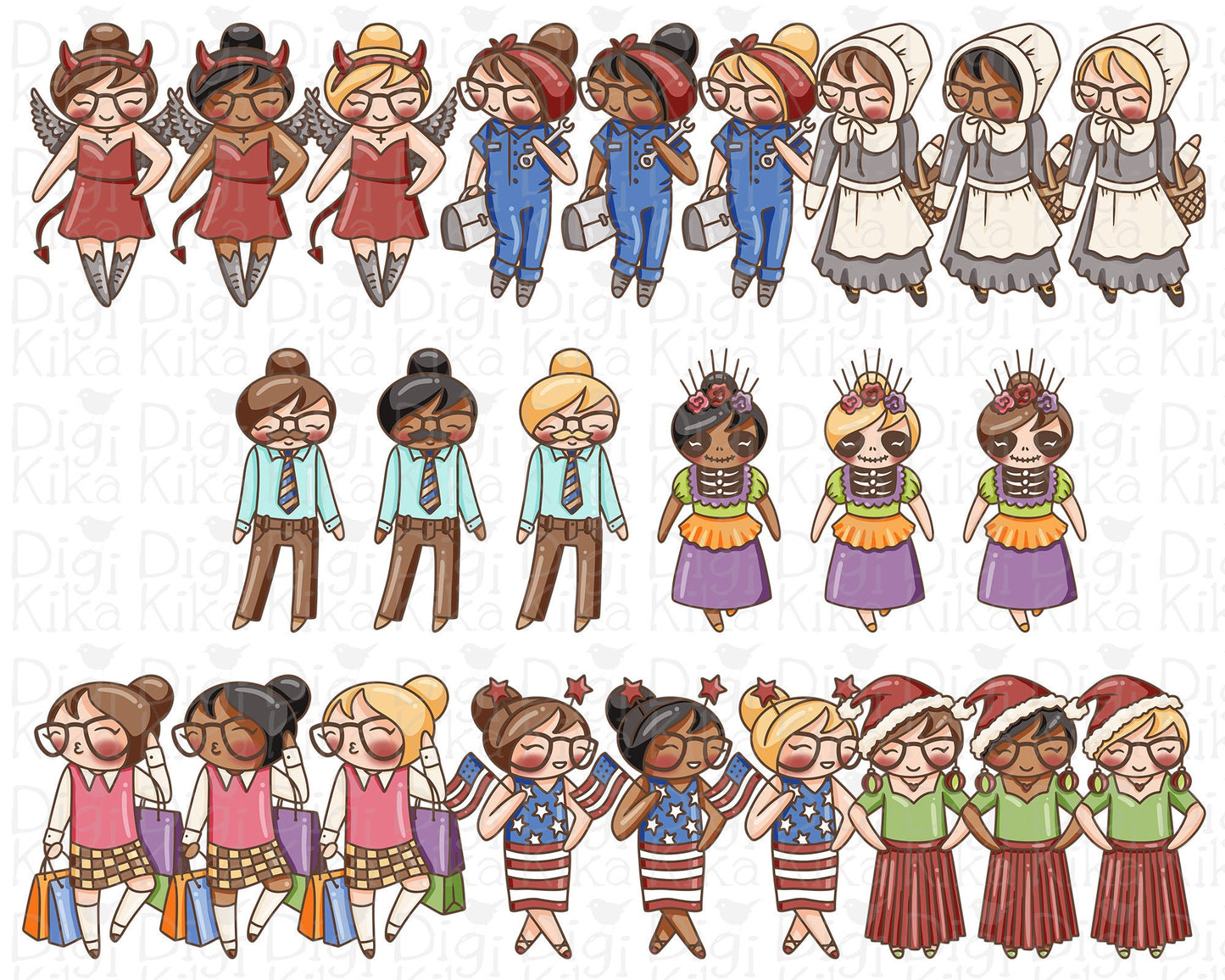 Elena Planner Girl - Holidays Outfits COLOR Clipart SET 2 -  Fashion Digital Stamp - Character Planner Sticker, scrapbook, craft, planner clipart