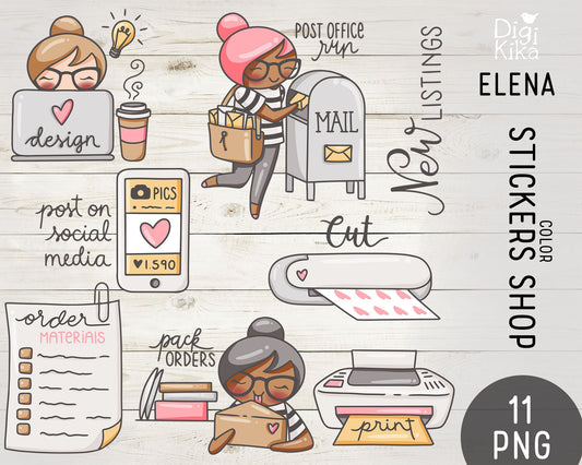 Stickers Shop Color Clipart – Elena Planner Girl - Cute Character for Planners, Cards & Crafts