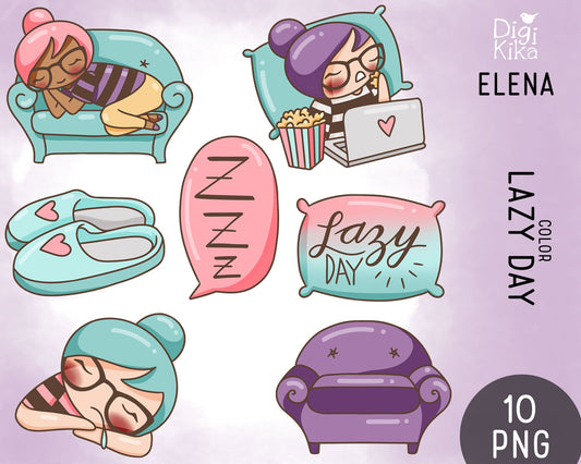 Lazy Day Color Clipart Set - Elena Planner Girl - Instant Download PNG