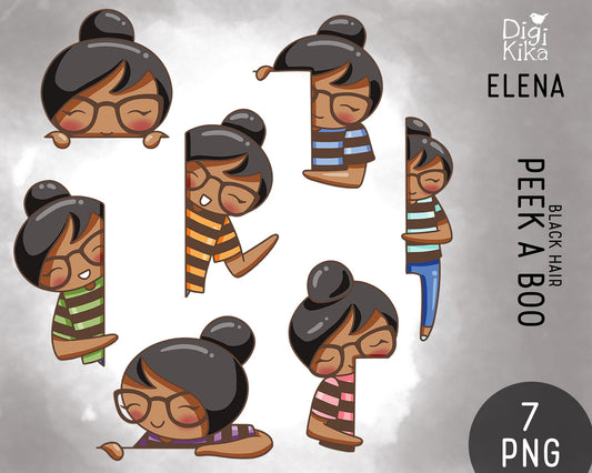 Peek a Boo Clipart Set - Black Hair, Brown Skin Elena Planner Girl - Instant Download PNG