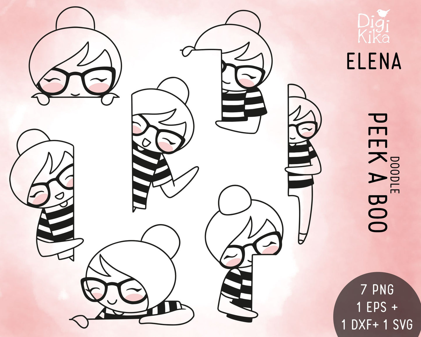 Peek a Boo Stamp Clipart Set - Elena Planner Girl - EPS, SVG & DXF
